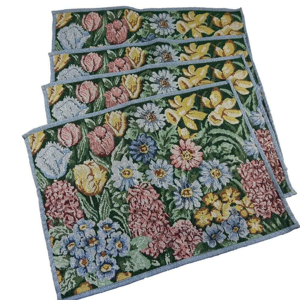 Floral Tapestry Style Placemats Set of 4 Green Blue Yellow Cottagecore 18X13"